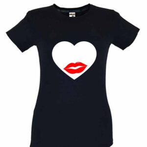 Camiseta negra con beso de corazón y labios para San Valentín para mujer
