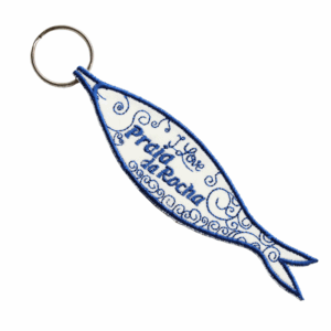 Porta-chaves Bordado – Sardinha I Love Praia da Rocha (Azul)