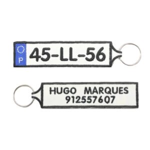 Porta-Chaves Bordado Personalizado - Matrícula, Nome e Contacto (Com Hífen)