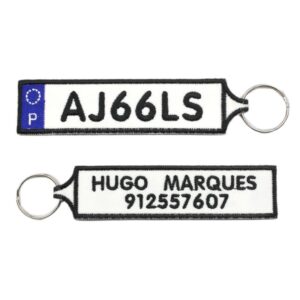 Porta-Chaves Bordado Personalizado - Matrícula, Nome e Contacto (Sem Hífen)
